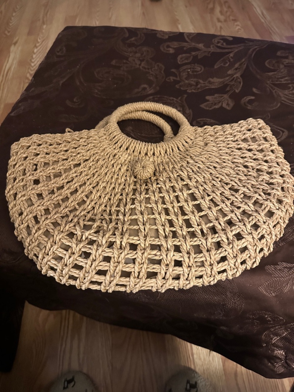 Woven Straw Circle-Handle Tote Bag in Natural